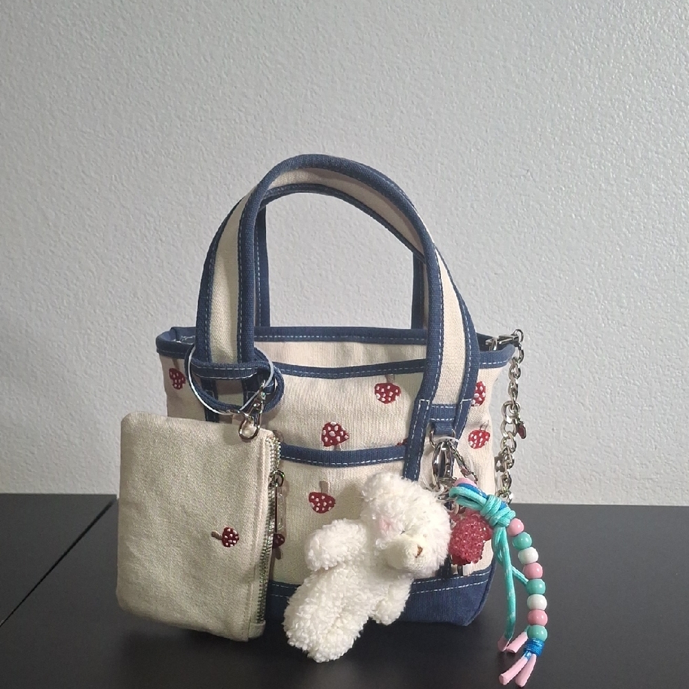 Kids' Blue and Cream Tote Bag with Plush Charm